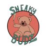 logo for sneaky budz stash jars, cartoon style drawing of a stuffed bear holding a joint.